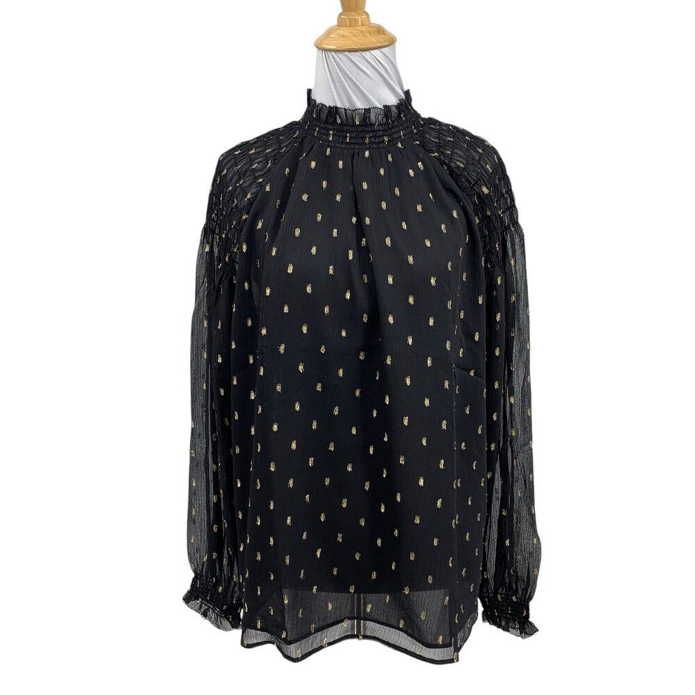 Ann Taylor Blouse Womens M Medium Black Gold Metallic Clip Dot Smocked Ruffle